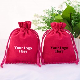Dark Pink bottom pom pom bags Drawstring Cotton Pouch 