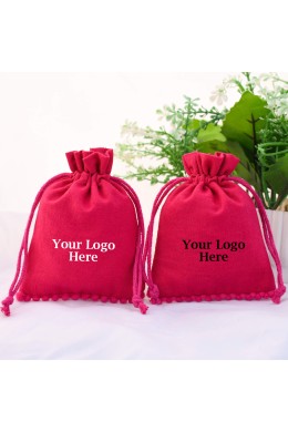 Dark Pink bottom pom pom bags Drawstring Cotton Pouch 