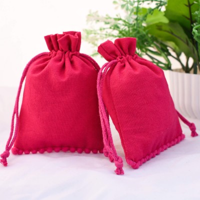 Dark Pink bottom pom pom bags Drawstring Cotton Pouch 
