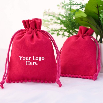 Dark Pink bottom pom pom bags Drawstring Cotton Pouch 