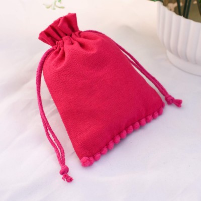 Dark Pink bottom pom pom bags Drawstring Cotton Pouch 