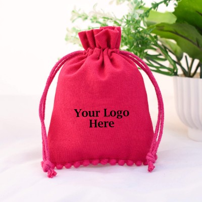Dark Pink bottom pom pom bags Drawstring Cotton Pouch 