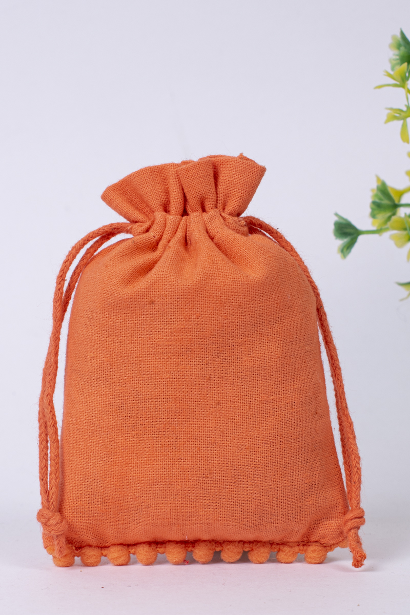 Orange Pack Of 25 Bottom PomPom Jewelry Potli, Personalized Jewelry Pouch Gift Packaging Bags