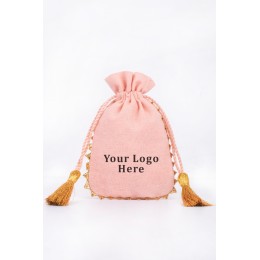 Pack Of 25 Peach Round Lace with Gold Tassel Jewelry Potli, Personalized Jewelry Pouches, Gift Packaging Bags