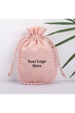 Pack of 25pcs Peach Round PomPom Jewelry Potli, Personalized Jewelry Pouch Gift Packaging Bags