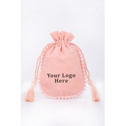 Pack Of 25pcs Peach Round PomPom with Tassel Jewelry Potli, Personalized Jewelry Pouch, Gift Packaging Bags
