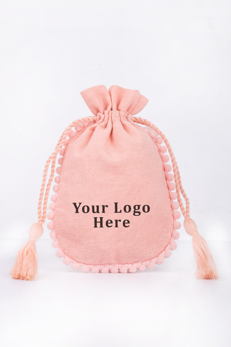 Peach Pack Of 25 Round PomPom with Tassel Jewelry Potli, Personalized Jewelry Pouch Gift Packaging Bags