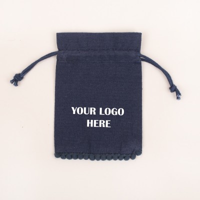 Pack Of 25 Navy Blue Bottom PomPom Jewelry Potli, Personalized Jewelry Pouch, Gift Packaging Bags, Jewelry Pouches in Wholesale