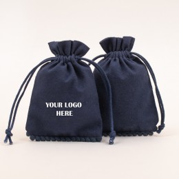 Pack Of 25 Navy Blue Bottom PomPom Jewelry Potli, Personalized Jewelry Pouch, Gift Packaging Bags, Jewelry Pouches in Wholesale