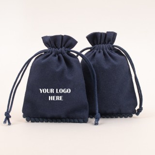Pack Of 25 Navy Blue Bottom PomPom Jewelry Potli, Personalized Jewelry Pouch, Gift Packaging Bags, Jewelry Pouches in Wholesale