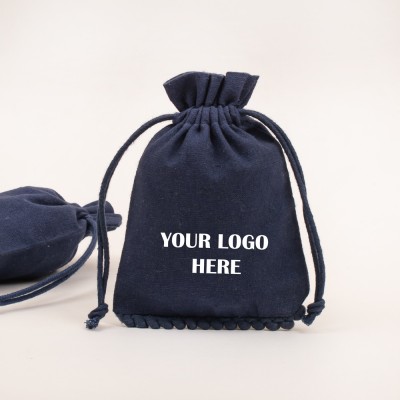 Pack Of 25 Navy Blue Bottom PomPom Jewelry Potli, Personalized Jewelry Pouch, Gift Packaging Bags, Jewelry Pouches in Wholesale