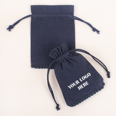 Pack Of 25 Navy Blue Bottom PomPom Jewelry Potli, Personalized Jewelry Pouch, Gift Packaging Bags, Jewelry Pouches in Wholesale