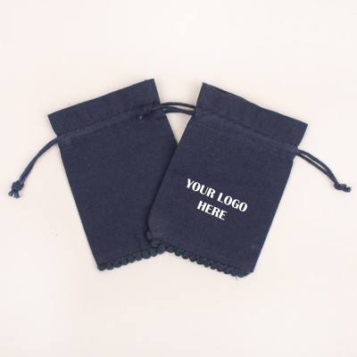 Pack Of 25 Navy Blue Bottom PomPom Jewelry Potli, Personalized Jewelry Pouch, Gift Packaging Bags, Jewelry Pouches in Wholesale