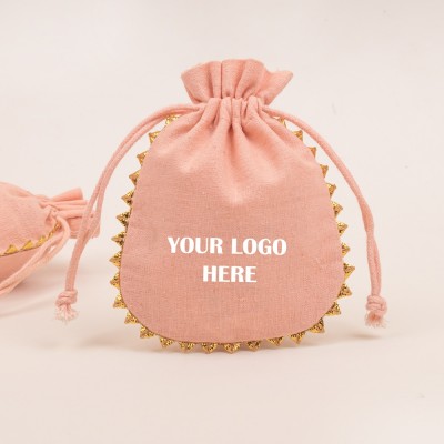 Pack Of 25 Peach Round Lace with Gold Tassel Jewelry Potli, Personalized Jewelry Pouches, Gift Packaging Bags