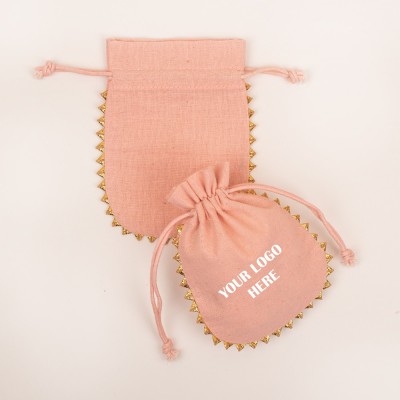 Pack Of 25 Peach Round Lace with Gold Tassel Jewelry Potli, Personalized Jewelry Pouches, Gift Packaging Bags