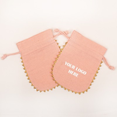 Pack Of 25 Peach Round Lace with Gold Tassel Jewelry Potli, Personalized Jewelry Pouches, Gift Packaging Bags