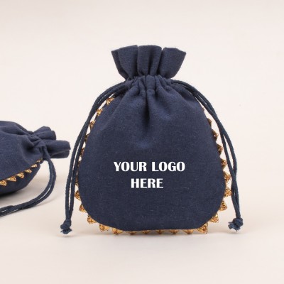 Pack of 25pcs Navy Blue Round Lace Jewelry Potli, Personalized Jewelry Pouch, Gift Packaging Bags, Designer Jewelry Bags